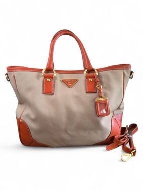 Prada Beige and Brown Leather-Trim Tote Bag
